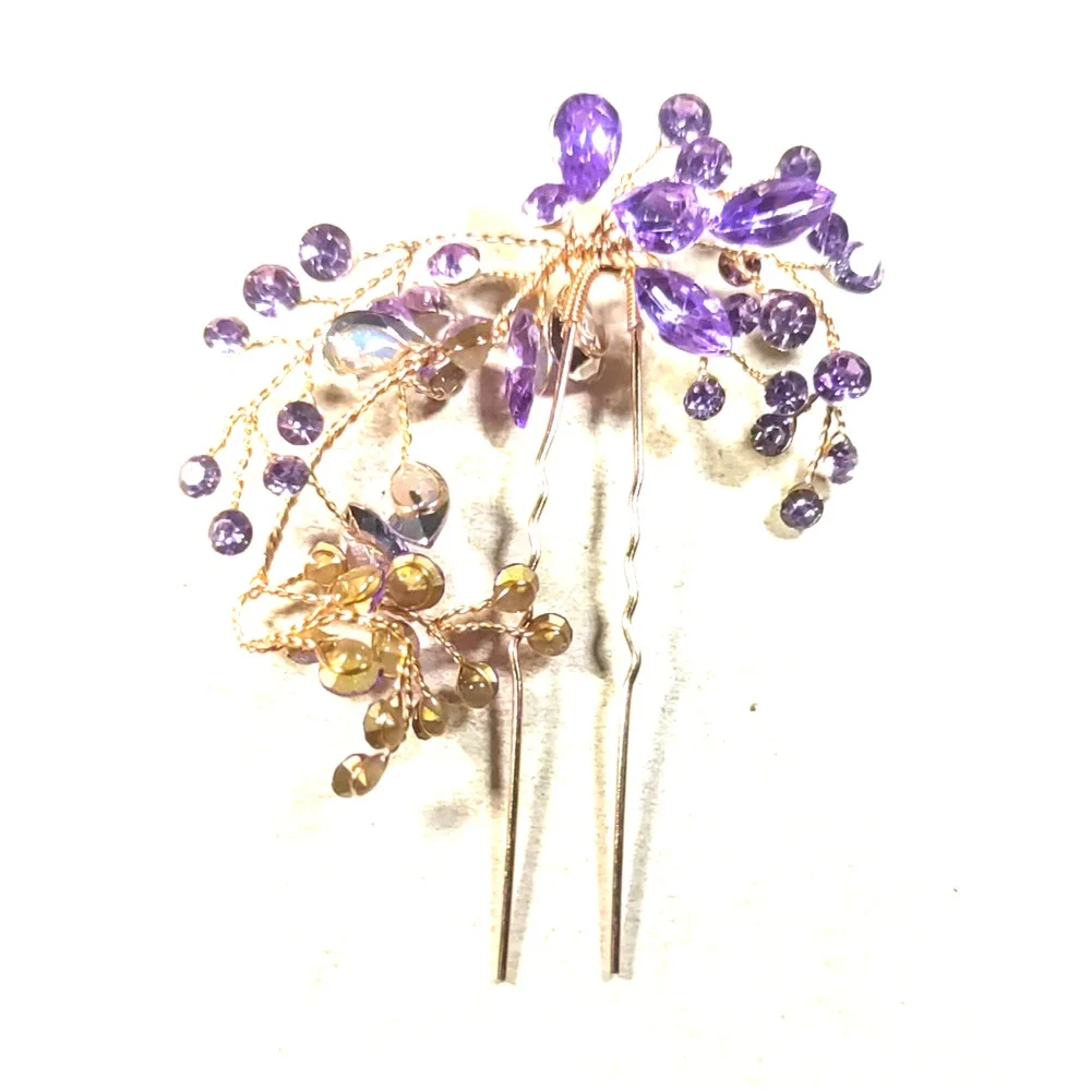 Lot Of 4 Hair Accessory 2 Combs 2 Picks Gold Tone Purple Rhinestone Prom Party
